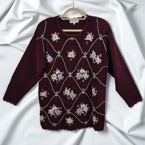 Vintage Fay Louise Embroidered Floral Knit Sweater Cottagecore Maroon Free Size‎